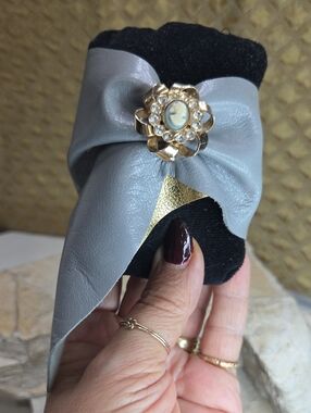 Handmade Artisan Leather Cuff Bracelet With Vintage Cameo brooch Gold Tone